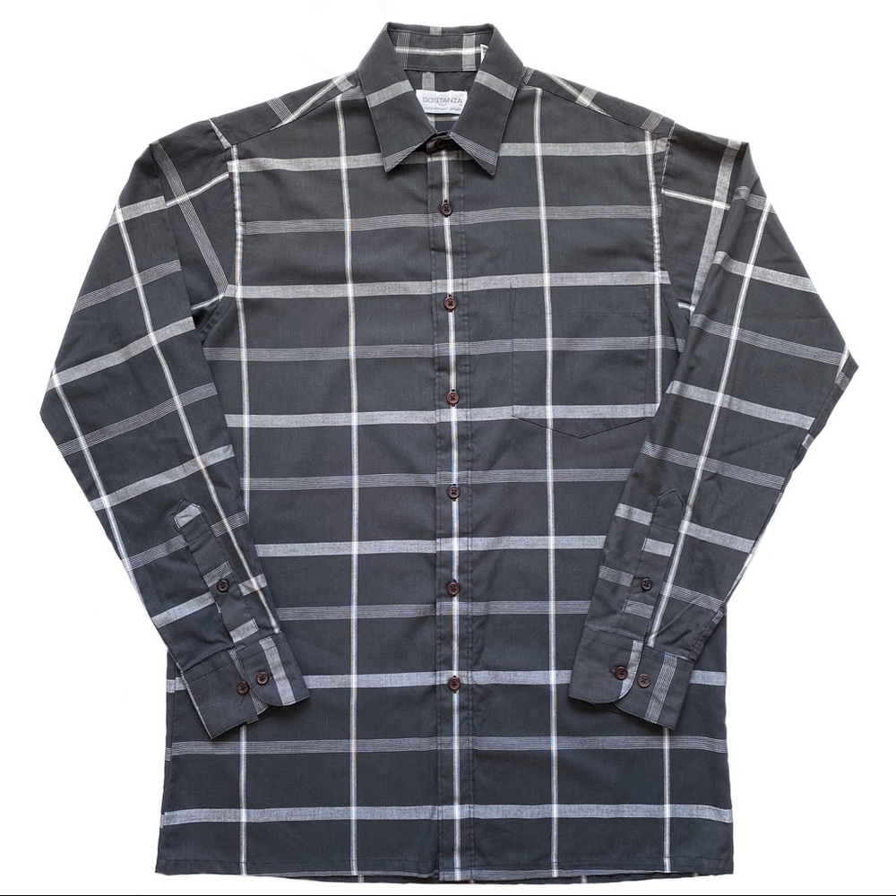 Sostanza Men's Dark Gray Plaid Button-Down Long Sleeve Shirt